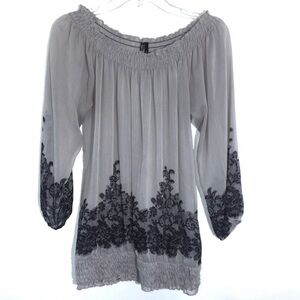 Gray Sheer Blouse with Fitted Waistline